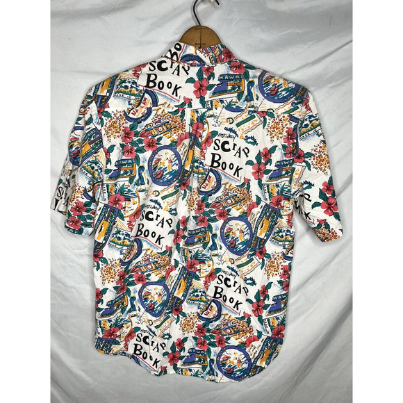 Camp Shirt Hawaii Vacay Scrap Book Travel Print Button Up Size M Vintage 1980s - Picture 7 of 10